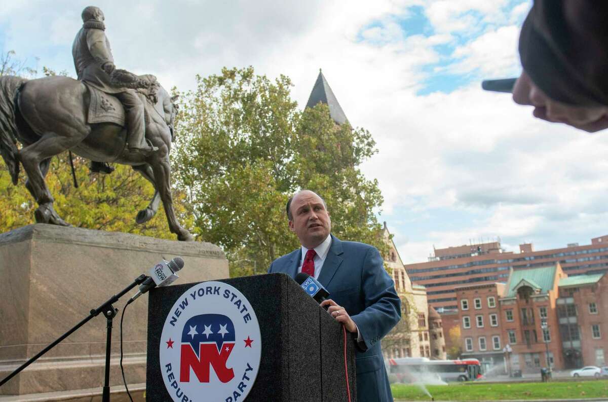 New York Republican Chairman Nick Langworthy makes comments on last night's election results and what they portend for the critical 2022 statewide, midterm, and legislative races at a press conference outside the Capitol on Wednesday, Nov. 3, 2021 in Albany, N.Y.