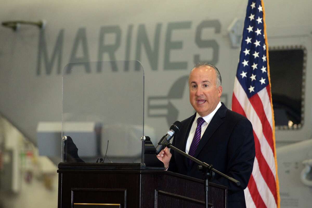 Paul Lemmo, president of the Sikorsky subsidiary of Lockheed Martin, speaks in September 2021 at the company’s headquarters manufacturing plant in Stratford, Conn.