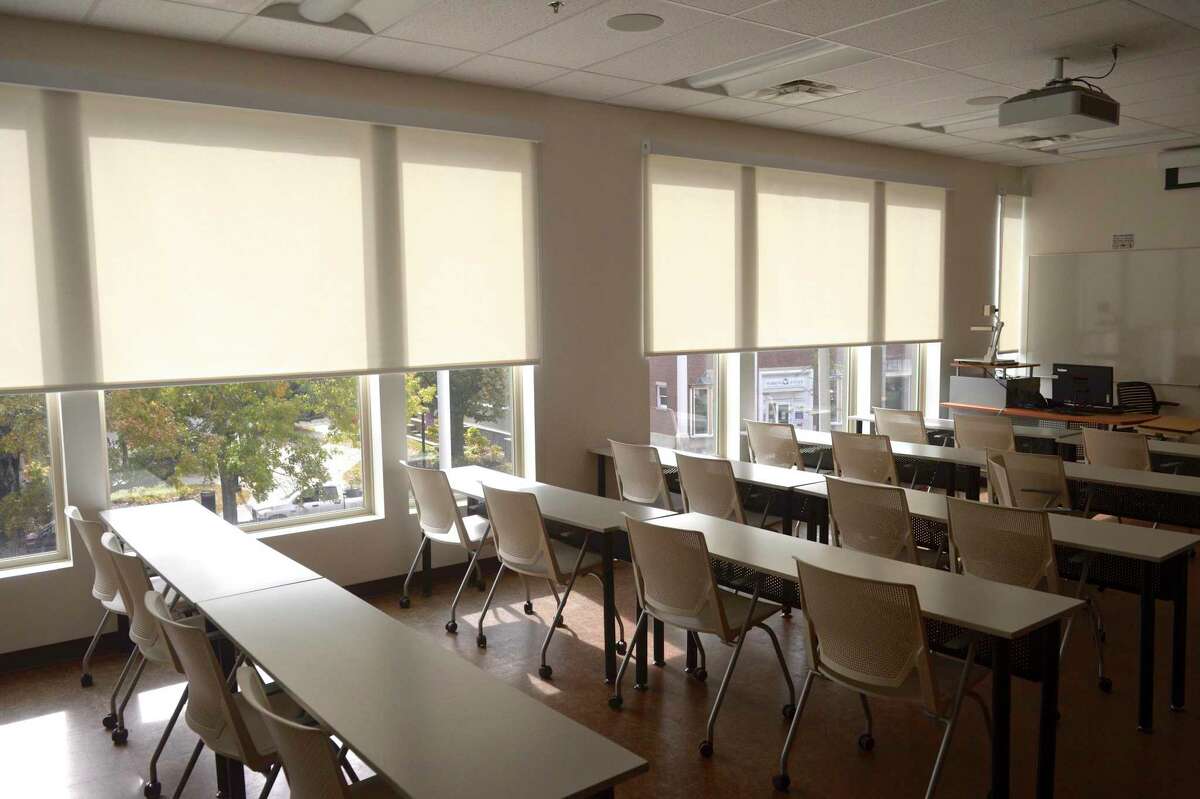 A classroom in the Naugatuck Valley Community College building. Thursday, October 10, 2019, in Danbury, Conn.