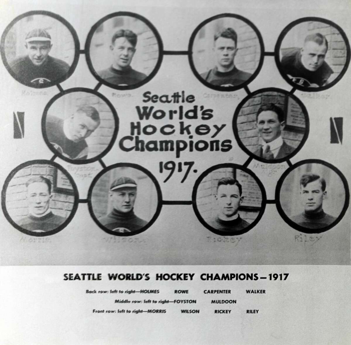 SEATTLE, WA - 1917: Seattle Metropolitans Stanley Cup winning team in 1917. (top row) Harry Holmes, Bobby Rowe, Ed Carpenter and Jack Walker.  (Middle row) Frank Foyston and manager Pete Muldoon.  (bottom row) Bernie Morris, Cully Wilson, Roy Rickey and Jim Riley.  (Photo by B Bennett / Getty Images)