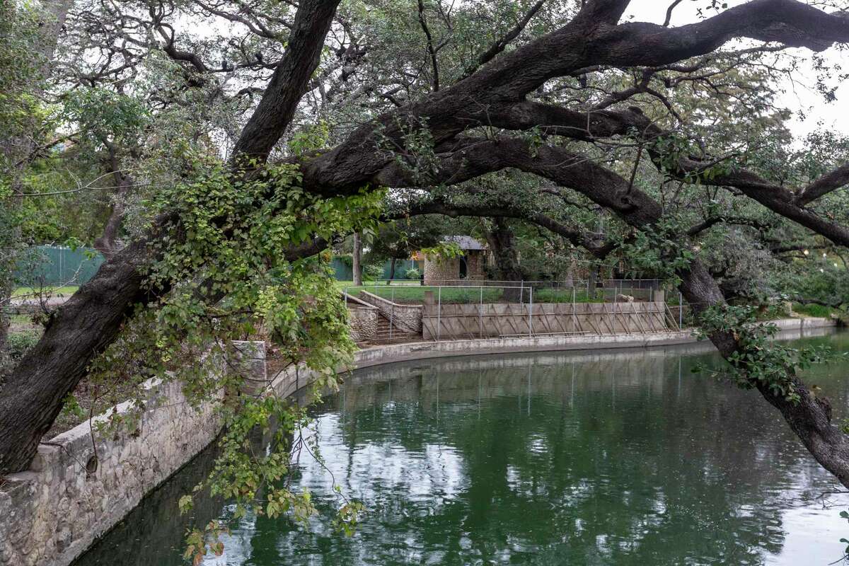 A tree in the foreground leans Wednesday, Nov. 3, 2021over the San Antonio River in Brackenridge Park as a deteriorating wall is seen in the background.