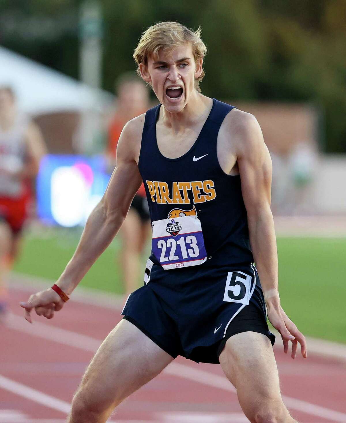 Poth's Wyatt Hoover reacts after finishing third in the 3A boys 1600-meter run during the UIL state track and field championships at Mike A. Myers Stadium in Austin on Thursday, May 6, 2021. Hoover ran a 4:27.94.