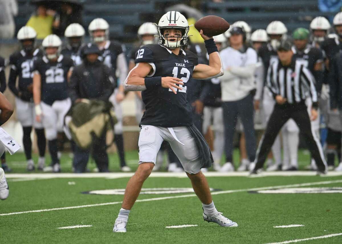 NEW HAVEN, CT - OCTOBER 30: Yale Bulldogs quarterback Nolan Grooms (12) during the game as the Columbia Lions take on the Yale Bulldogs on October 30, 2021, at the Yale Bowl in New Haven, Connecticut. (Photo by Williams Paul/Icon Sportswire via Getty Images)