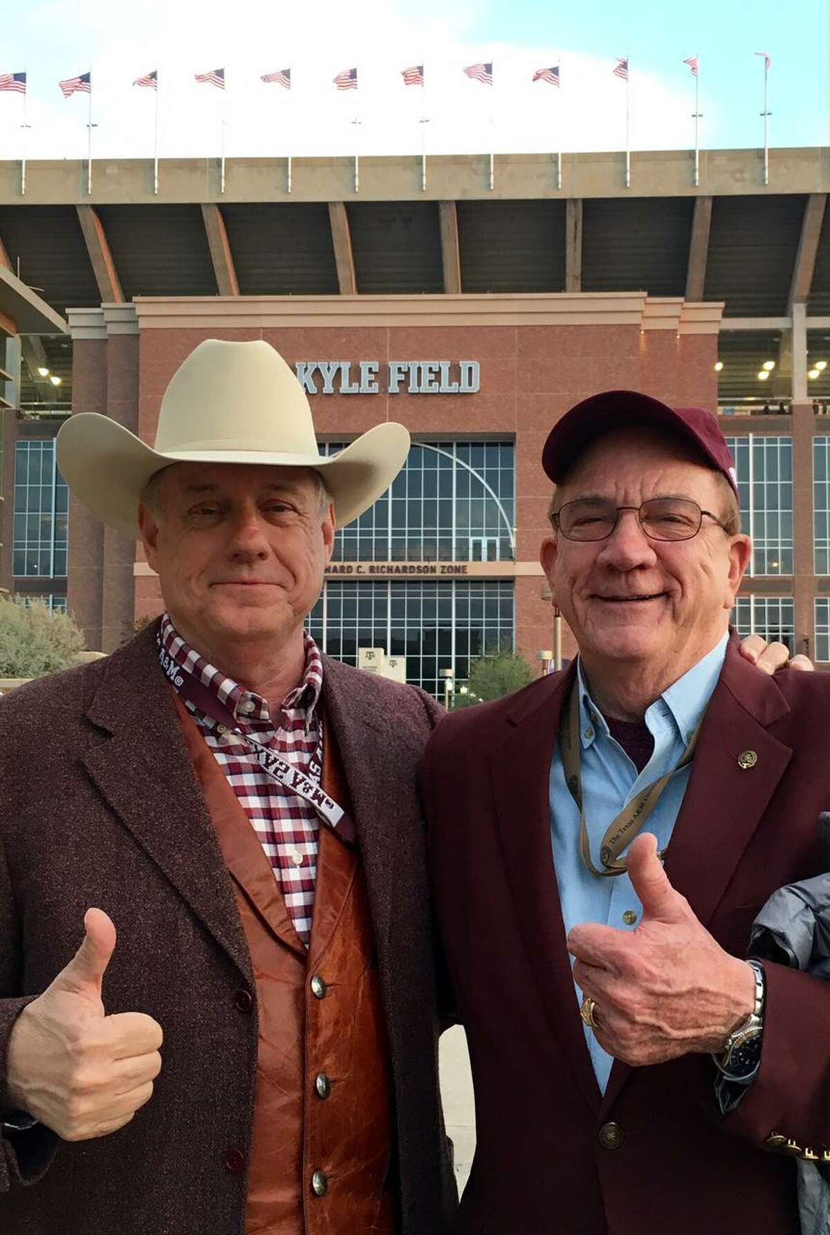 Jim Schwertner (left) and Richard Box, instrumental in Texas A&M' s move to the SEC, outside of Kyle Field.