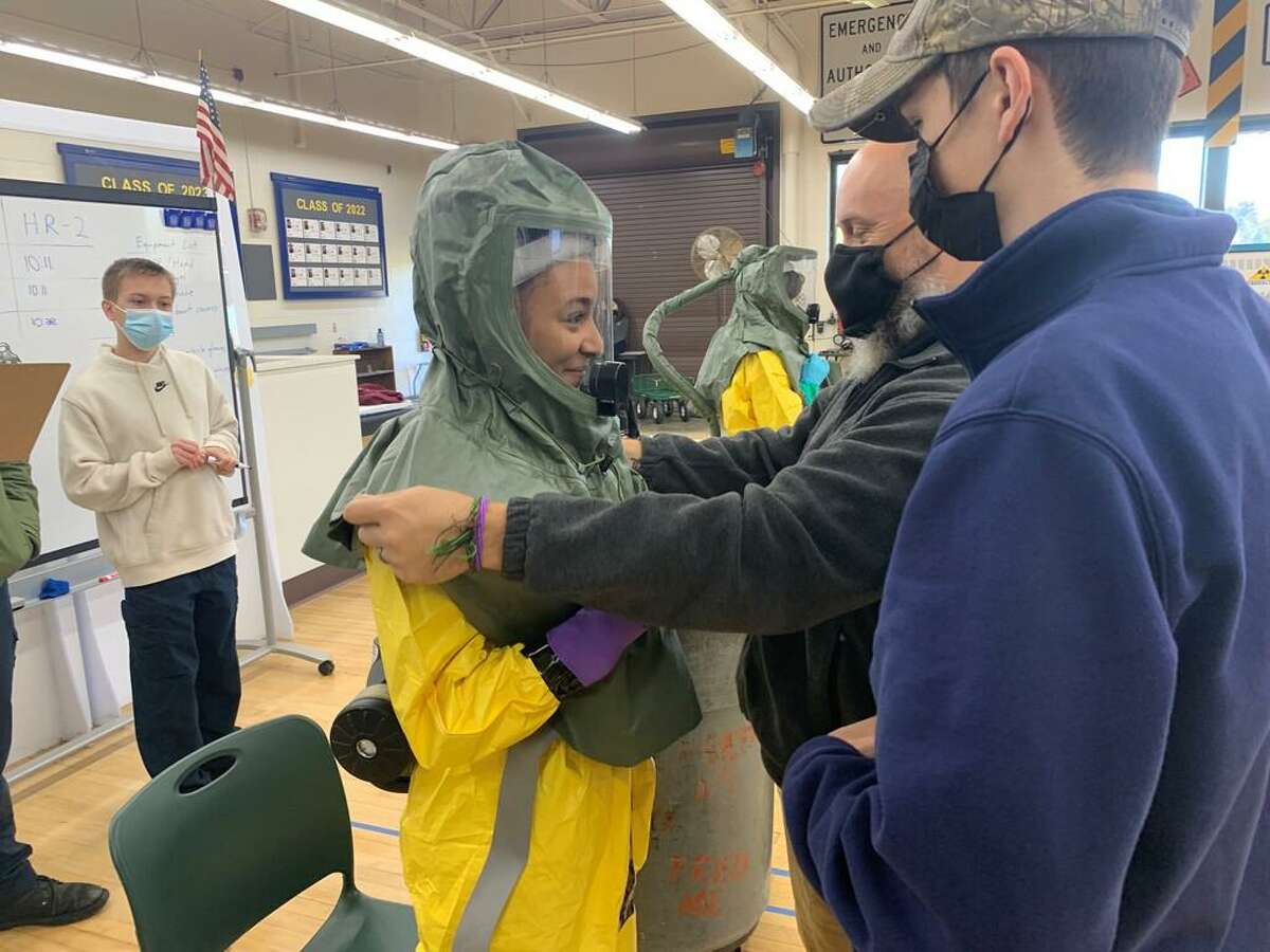 On Wednesday and Thursday, a simulated hazardous material spill was replicated in the parking lot of Vinal Technical High School in Middletown. Students in the the Criminal Justice and Protective Services program completed a training exercise in full hazmat gear.