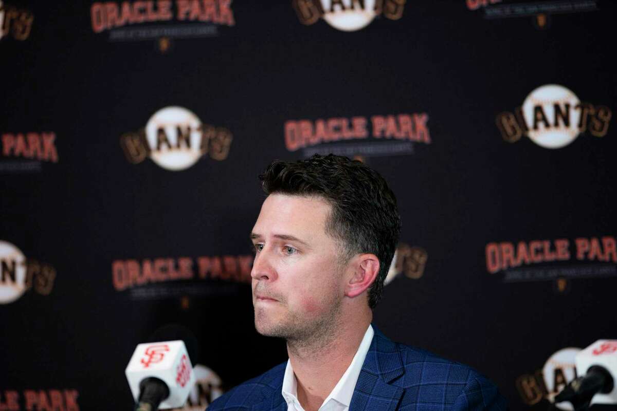 Buster Posey announces his retirement from Major League Baseball during a news conference at Oracle Park, Thursday, Nov. 4, 2021, in San Francisco, Calif. Posey is a seven-time All-Star catcher who has won three World Series championships with the San Francisco Giants.