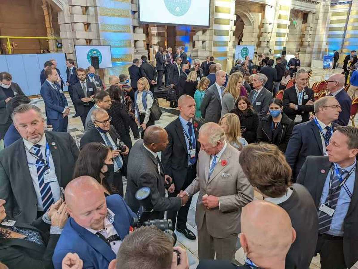 Mayor Sylvester Turner shakes hands with Prince Charles at the UN Climate Change Conference.