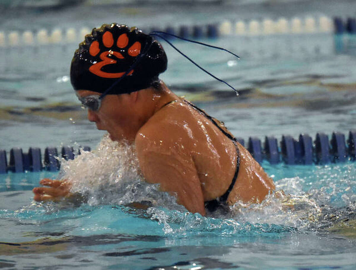 Edwardsville’s Karis Chen competes in the breaststroke portion of the medley relay inside Chuck Fruit Aquatic Center.