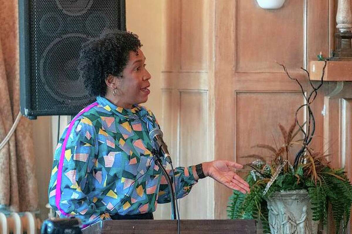 Illinois Lt. Gov. Juliana Stratton talks Thursday at Hamilton’s Catering, 110 N. East St., about the power of Main Street organizations across Illinois and how state funding for them will increase to bolster both local and state commerce.