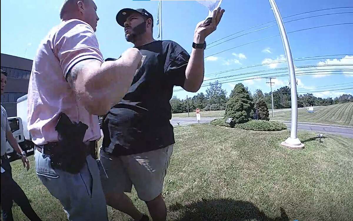 A still captured from the body camera for Trooper Mathew Costello, during a confrontation between Long Island YouTuber SeanPaul Reyes and state police Sgt. Bryan Fahey on July 23, 2021. State police have opened an internal affairs investigation into the incident.