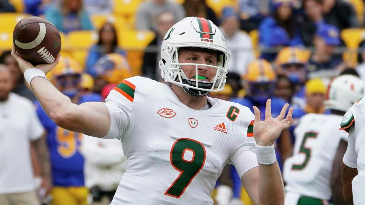 Miami quarterback Tyler Van Dyke (9) plays against Pittsburgh during an NCAA college football game, Saturday, Oct. 30, 2021, in Pittsburgh. (AP Photo/Keith Srakocic)