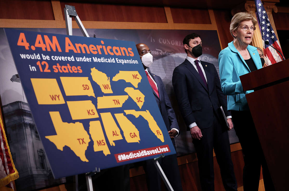 Sen. Elizabeth Warren (D-Massachusetts) speaks on medicare expansion and the reconciliation package during a press conference with fellow lawmakers at the U.S. Capitol on Sept. 23, 2021 in Washington, D.C. 