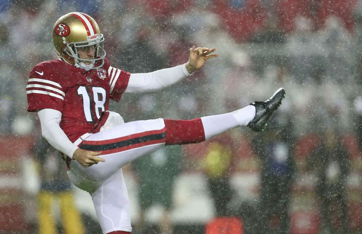 San Francisco 49ers punter Mitch Wishnowsky (18) against the Indianapolis Colts during an NFL football game in Santa Clara, Calif., Sunday, Oct. 24, 2021. (AP Photo/Jed Jacobsohn)