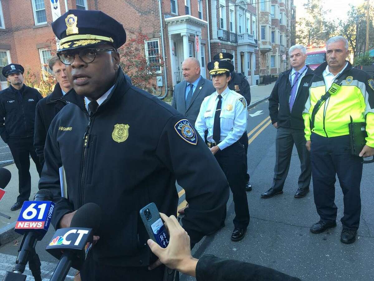 Yale University Police Chief Ronnell Higgins speaks in downtown New Haven after bomb threats prompted the evacuation of multiple buildings Friday. Nov. 5, 2021.