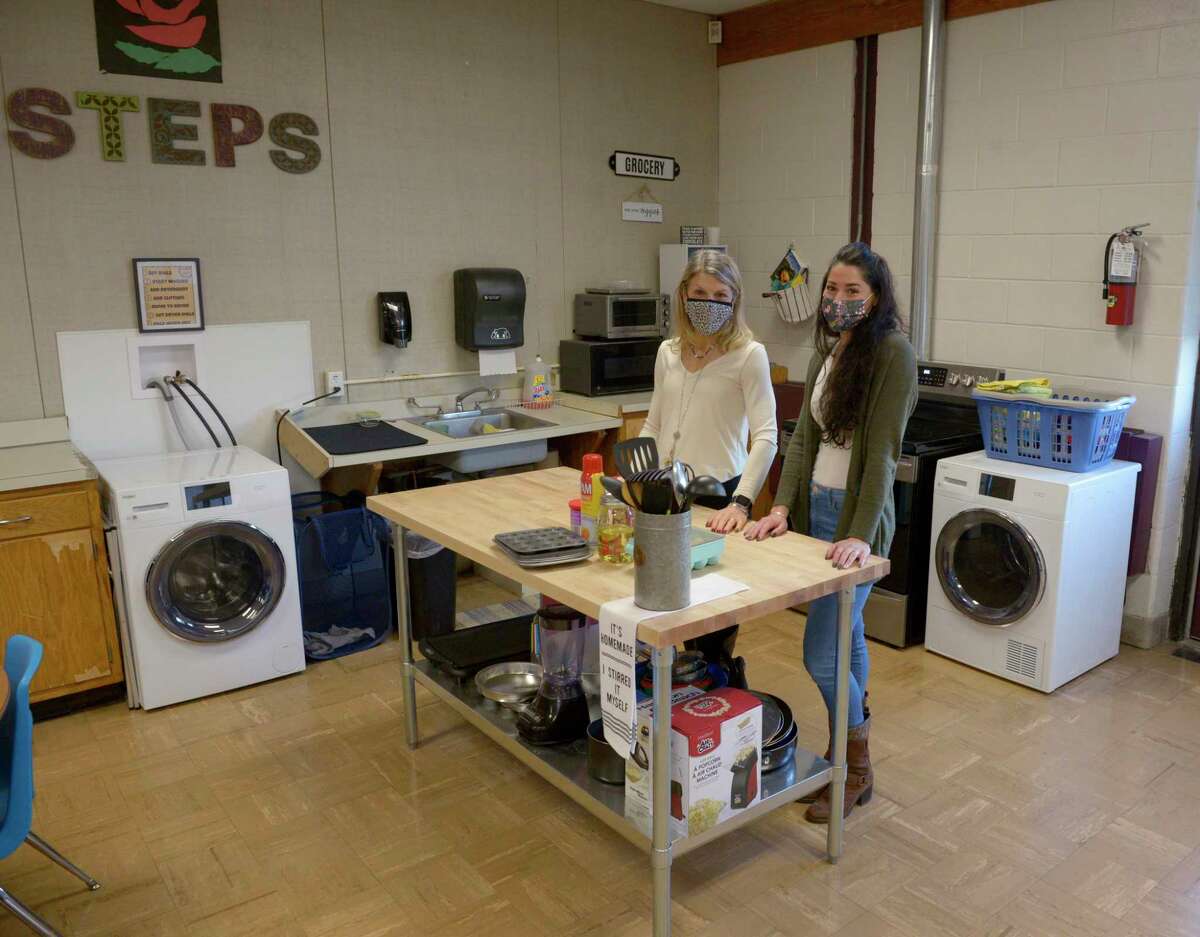 Broadview Middle School teacher Allison Mannix, right, and councilor Christine Miller with equipment purchased with a recently earned grant. Thursday, November 4, 2021, Danbury, Conn.