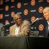 Astros manager Dusty Baker smiles as he talks during a press conference with general manager James Click and team owner Jim Crane announcing that Baker has signed a new one-year contract, Friday, Nov. 5, 2021, at Minute Maid Park in Houston.