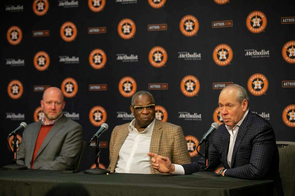Astros owner Jim Crane answers a question during a press conference with general manager James Click and manager Dusty Baker announcing that Baker has signed a new, one-year contract, Friday, Nov. 5, 2021, at Minute Maid Park in Houston.