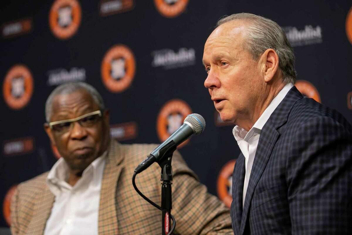 Astros owner Jim Crane answers a question during a press conference announcing that manager Dusty Baker has signed a new, one-year contract, Friday, Nov. 5, 2021, at Minute Maid Park in Houston.