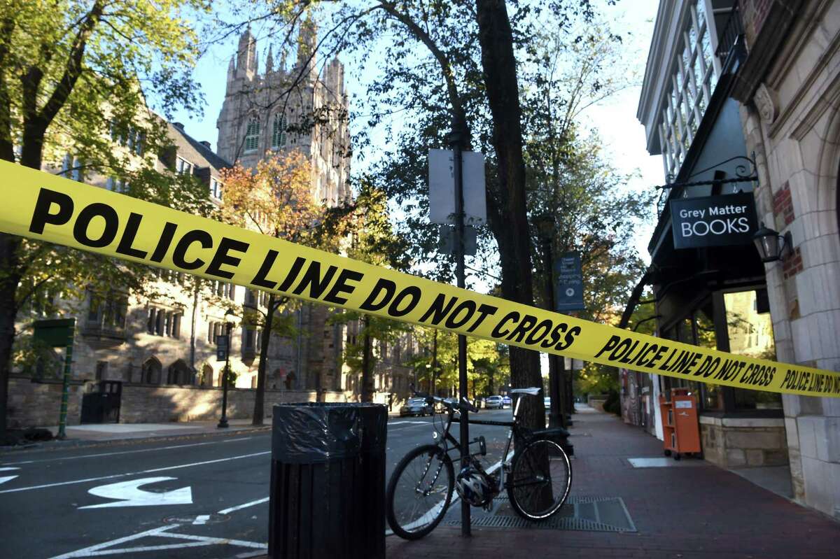 York Street in New Haven was closed to pedestrians and traffic following a bomb threat to Yale University buildings on November 5, 2021.