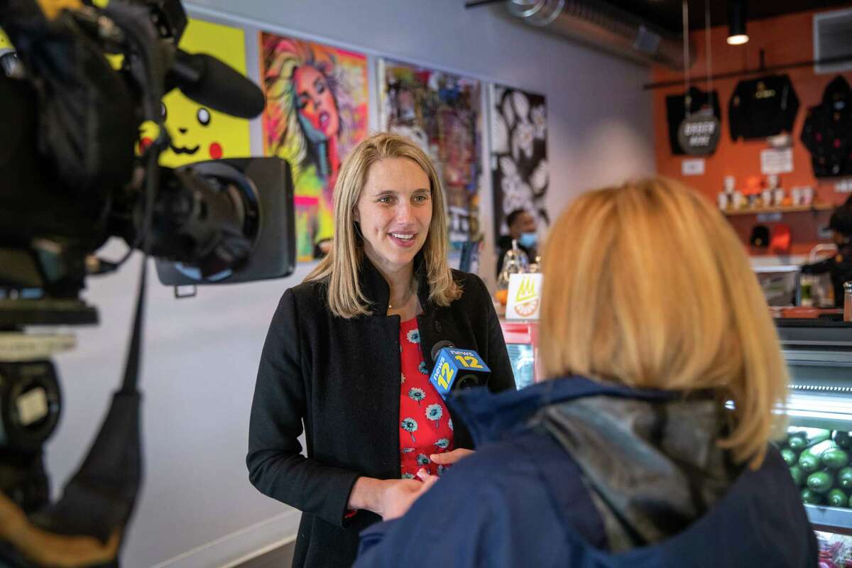 Caroline Simmons speaks at Juice Kings juice bar on Nov. 01, 2021 in Stamford, Connecticut. Simmons, 35, won the Stamford mayoral election the following day over unaffiliated candidate and former MLB manager Bobby Valentine, 71..