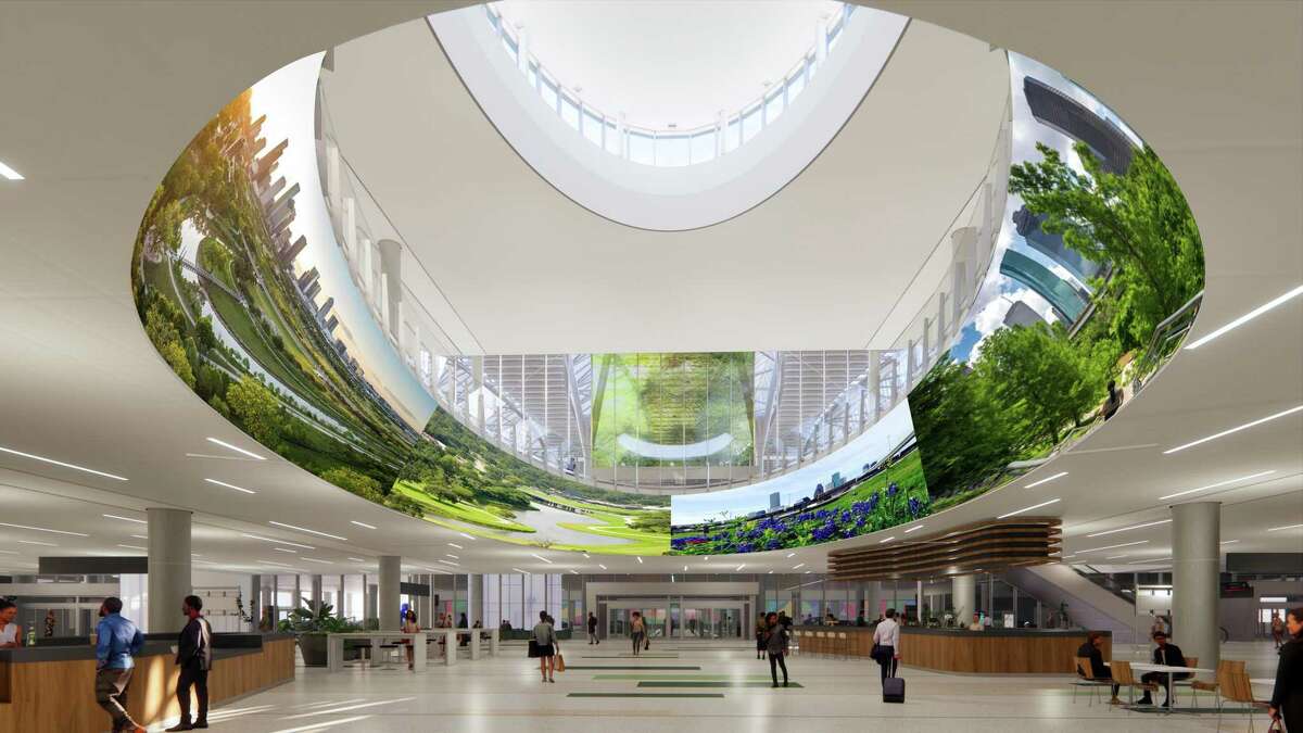 A rendering of Bush Intercontinental Airport's new International Arrivals Hall at the Mickey Leland Terminal. The new hall will be much larger than the existing arrivals area and will feature a huge oval in the ceiling with modern architecture.