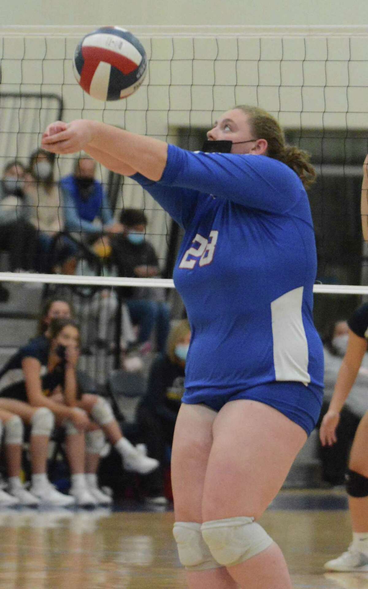 Sarabeth Amenta of Hale Ray sets up a teammate during the Shoreline Conference girls' volleyball title game Friday night.