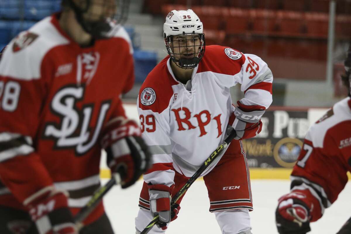 RPI men's hockey senior Jakub Lacka (39) looks for the puck against St. Lawrence on Friday, November 5, 2021 in Troy. Lacka scored his third goal of the season in the loss.