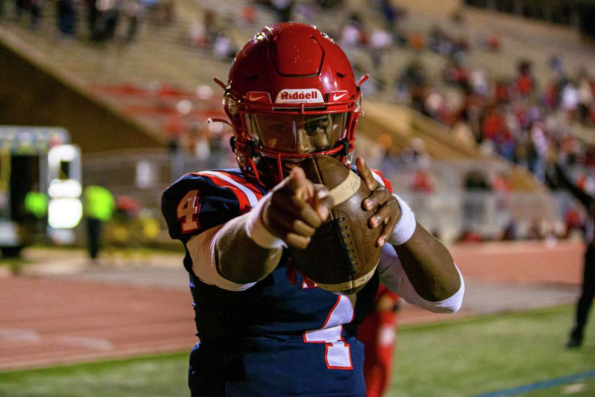 Alief Taylor QB Chase Jenkins (4) reacts after scoring a touchdown during the second half of action between Alvin at Alief Taylor High School during a District 23-6A high school football game at Crump Stadium, Friday, November 5, 2021, in Houston. Alief Taylor defeated Alvin Yellowjackets 56-33. (Juan DeLeon/Contributor)