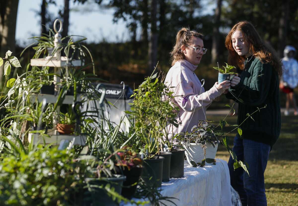 Shana Duerr, center, shows her daughter, Sadie, a plant she wants to buy during The Woodlands Flower Festival at Rob Flemming Park, Saturday, Nov. 6, 2021, in The Woodlands. The event benefited The Woodlands Lion Clubâs charities.