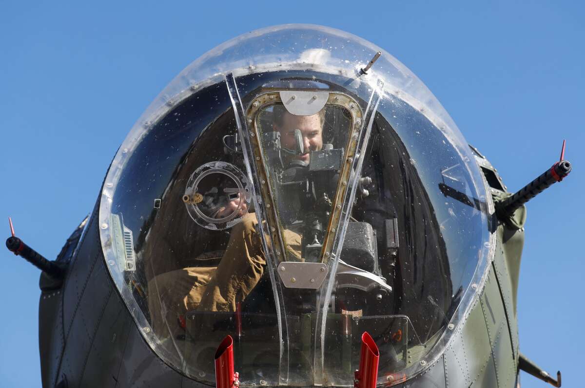 Scott Domonoske enjoys visiting a B-17 Flying Fortress while traveling to General Aviation Services, Saturday, November 6, 2021, in Conroe. Guests were able to visit and pay for rides on three local planes.