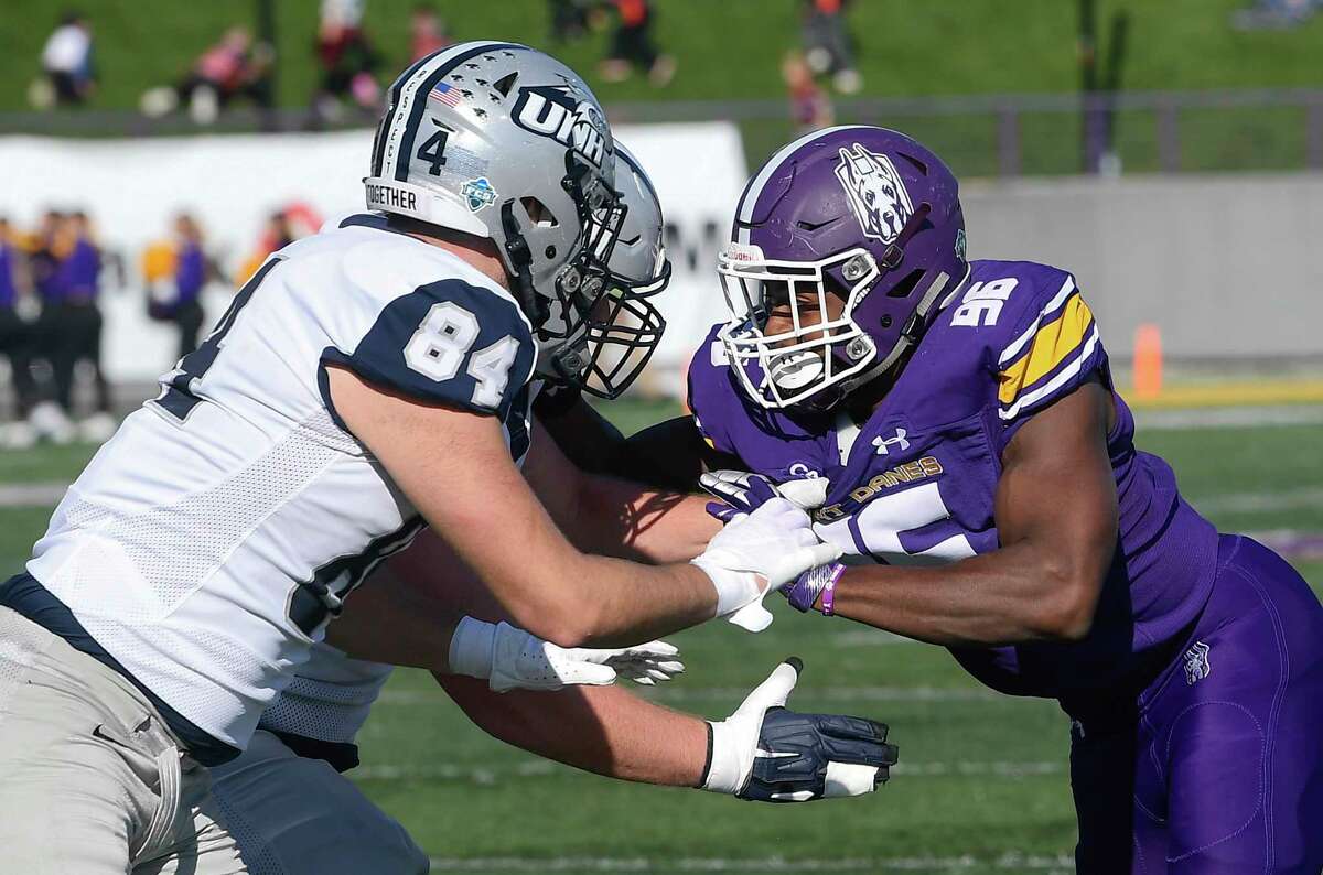 Albany defensive lineman Jared Verse (96) is seen in action during an NCAA football game against New Hampshire Saturday, Nov. 6, 2021, in Albany, N.Y. (Hans Pennink/Special to the Times Union) ORG XMIT: 110721_uafootball_HP105