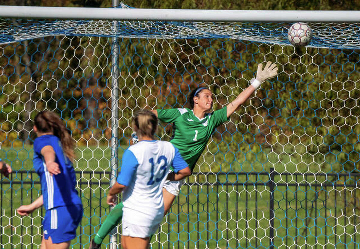 Lewis and Clark goalie Ally Cheeley (1) leaps to make a save during the just-completed season. Cheeley has been named to top goalie in Region 24 and has been nominated for NJCAA All-America honors.