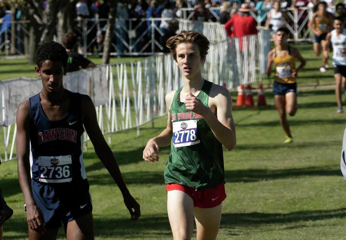 The Woodlands Kyle Easton, (2778), crosses the finish line during the 2021 UIL 6A Cross Country State Championship, Saturday, Nov., 6, 2021, in Round Rock, Texas.