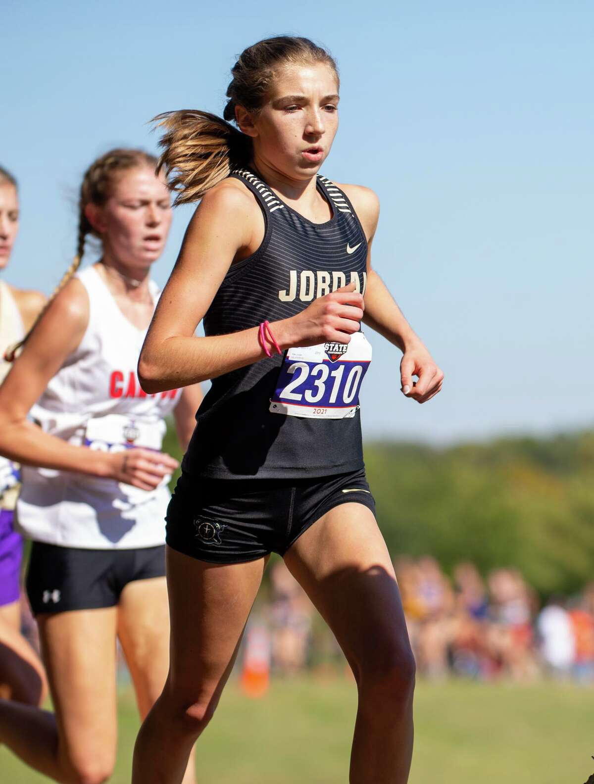 Addison Sutton of Katy Jordan (2310) runs in the girls Class 5A state cross country meet on November 5, 2021 in Round Rock, Texas.