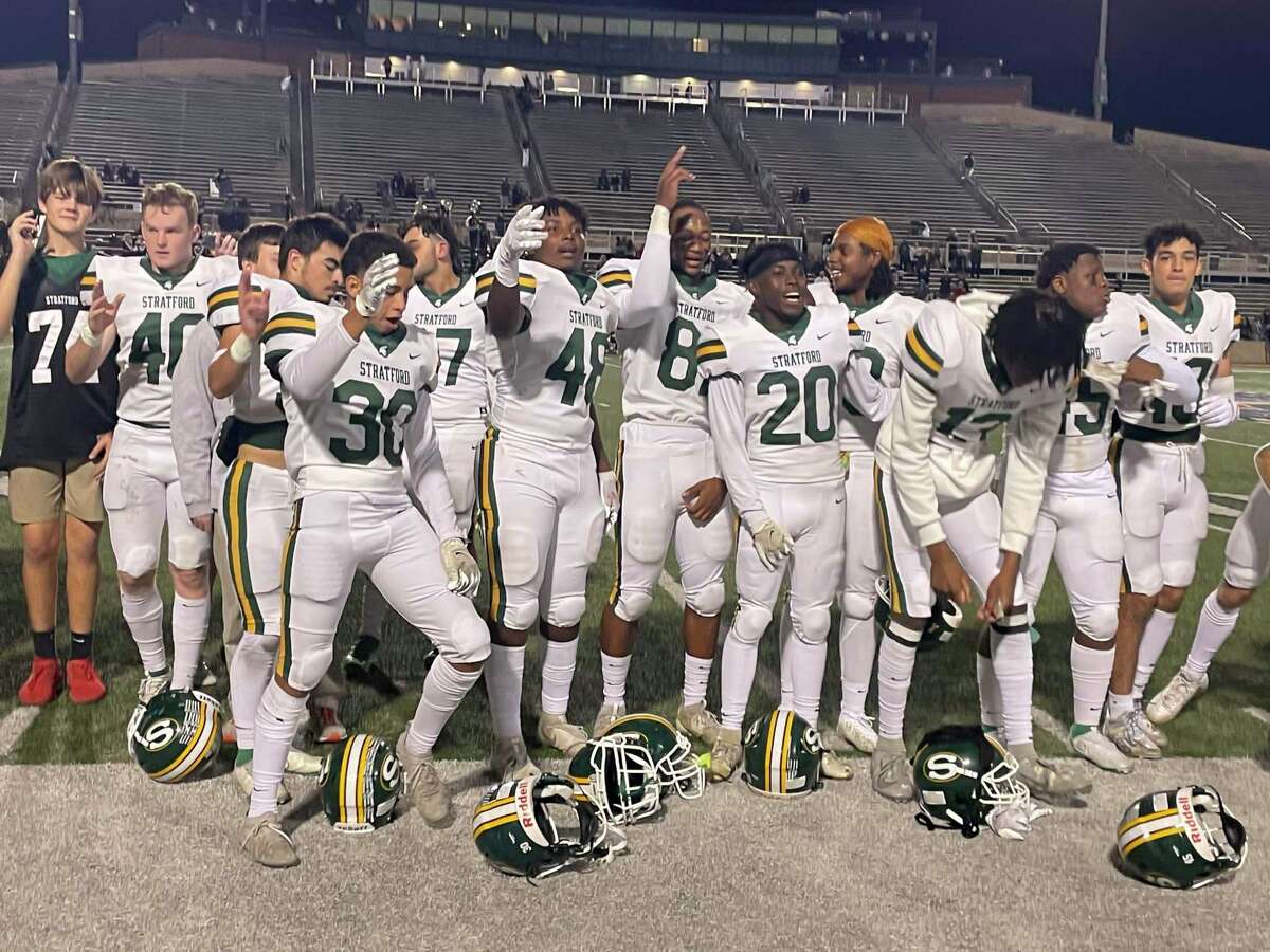 Stratford players celebrate after their 71-6 win over Northbrook in the regular season finale at Tully Stadium on Friday, Nov. 5, 2021.