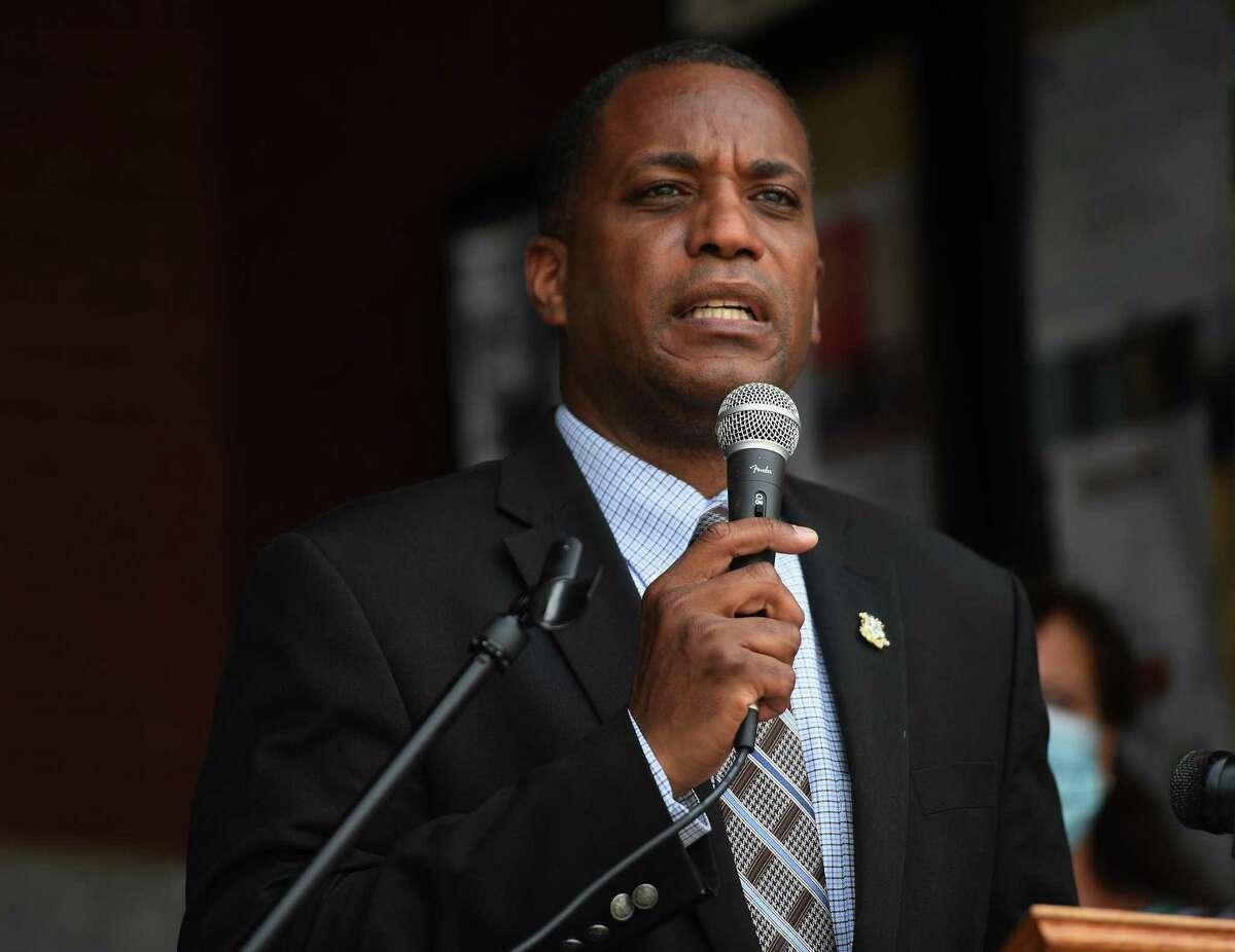 State Senator George Logan, R-Ansonia, speaks during a gathering of local ministers, political leaders and residents in response to national incidents of police brutality outside City Hall on Main Street in Ansonia, Conn. on Thursday, June 4, 2020.