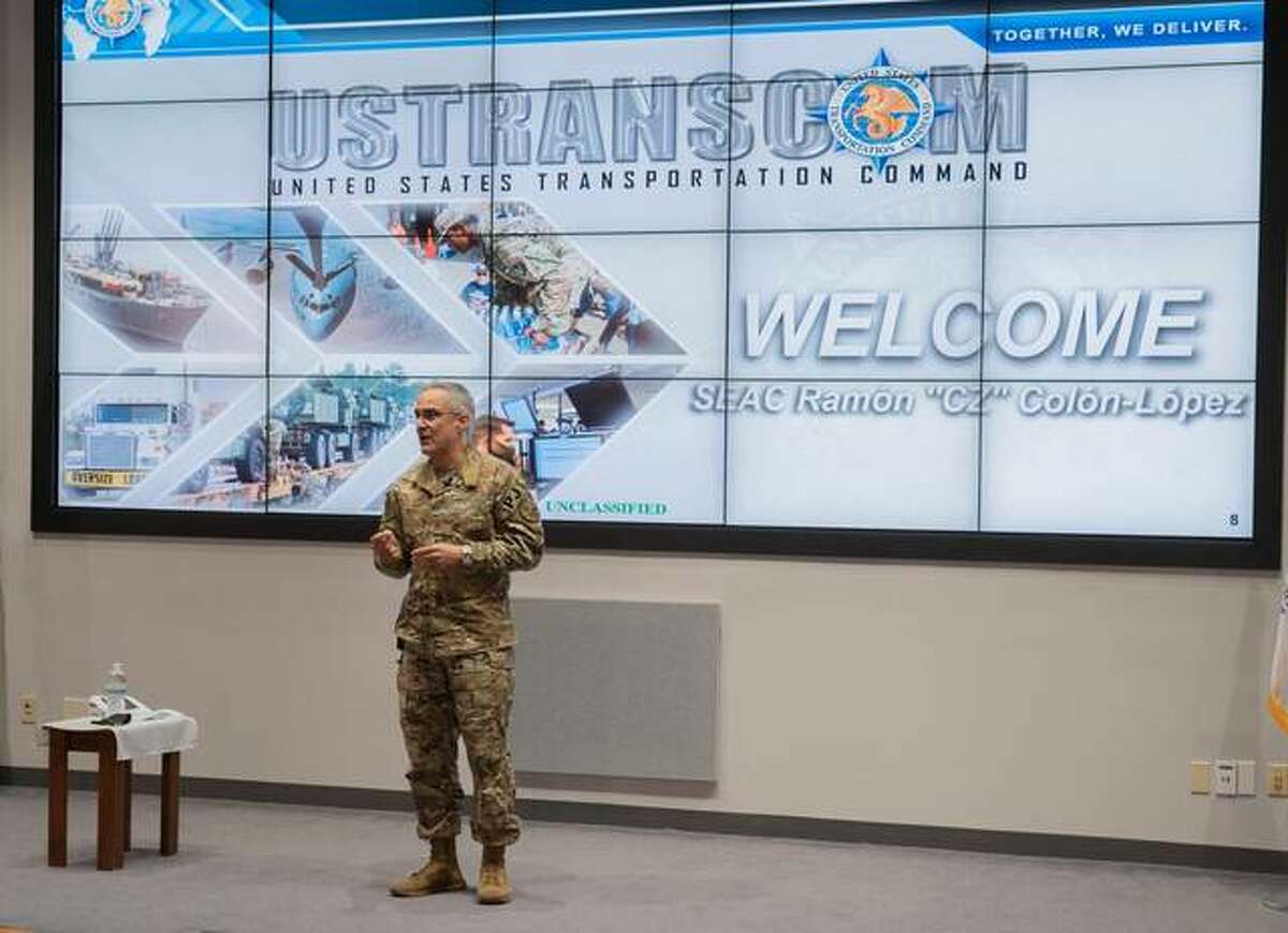 Senior Enlisted Advisor to the Chairman of the Joint Chiefs of Staff Ramon Colón-López discusses attributes enlisted leaders will need to fight tomorrow’s wars during a Nov. 2 event sponsored by U.S. Transportation Command at Scott Air Force Base.