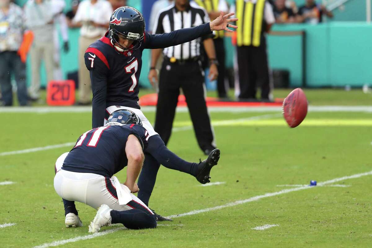 Houston Texans place kicker Ka'imi Fairbairn (7) kicks a 20-yard field goal against the Miami Dolphins during the second half of an NFL football game Sunday, Nov. 7, 2021, in Miami Gardens, Fla.