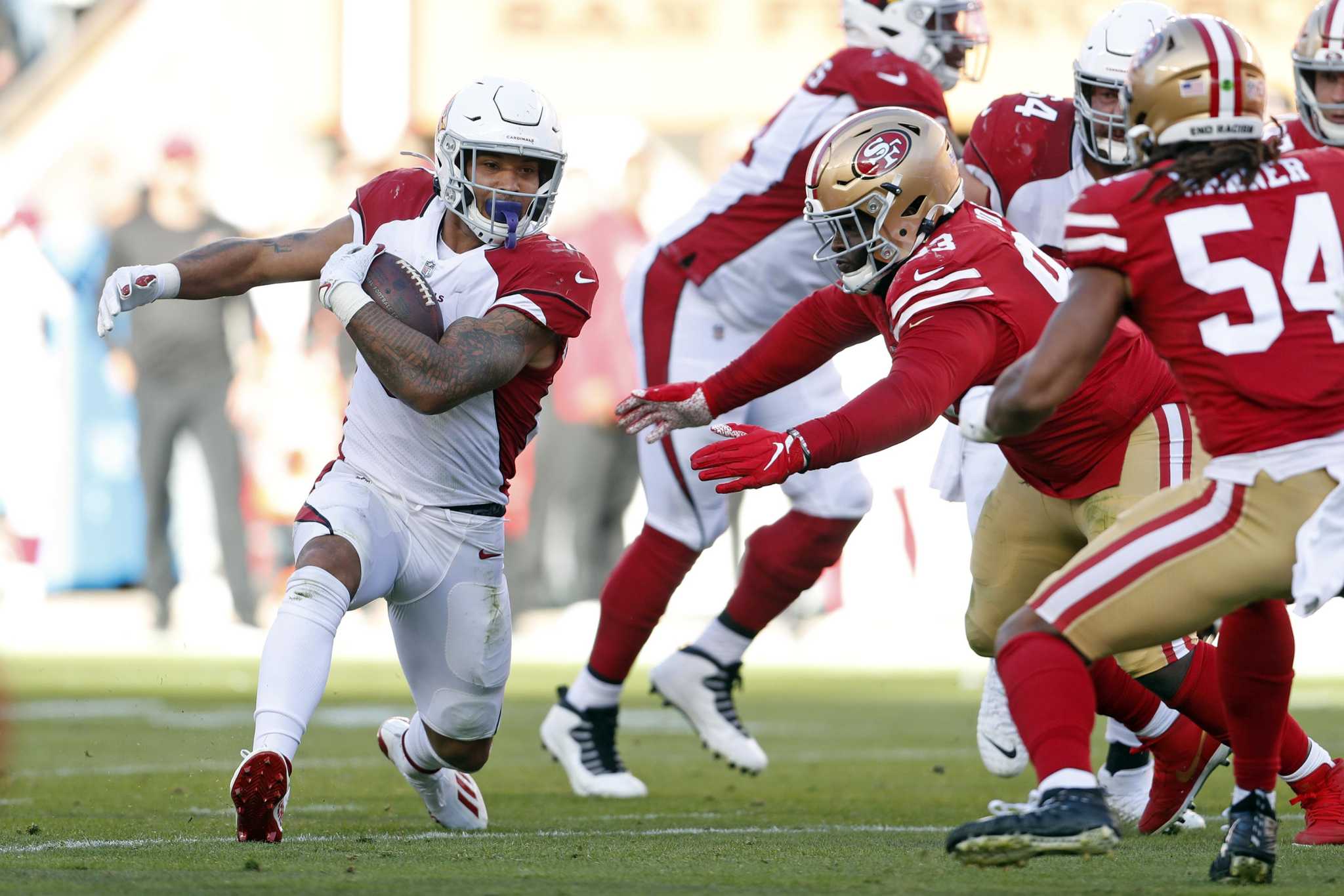 November 07, 2021: Arizona Cardinals running back Eno Benjamin (26) is  tackled, during a NFL football game between the Arizona Cardinals and the  San Francisco 49ers at the Levi's Stadium in Santa