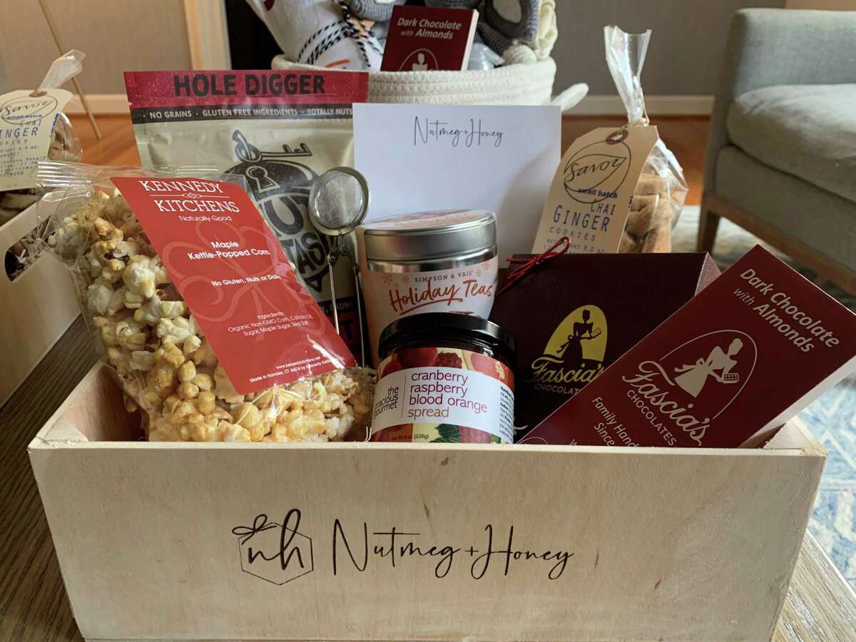 One of the many kinds of different gift boxes that Nutmeg + Honey offers shoppers. The wooden crates were even made locally by West Hartford-based Evergreen Studios CT.