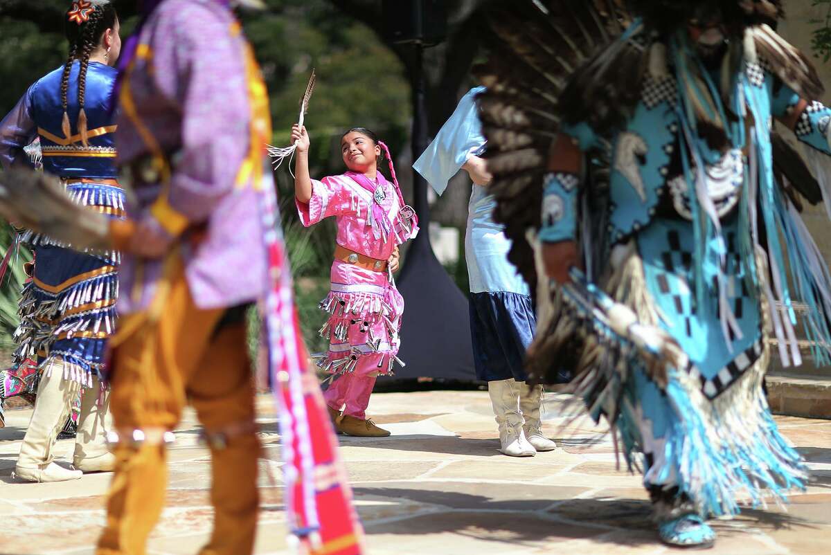 Madison Banda, 8, performs with United San Antonio Pow Wow during the Yanaguana Indian Art Market at the Briscoe Western Art Museum on Oct. 5, 2014. United San Antonio Pow Wow Inc. once again will demonstrate common powwow dances Saturday at the annual Yanaguana Indian Arts Festival at Briscoe Western Art Museum.
