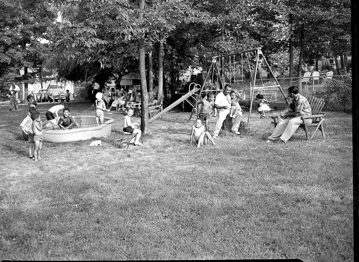 Jim and Grace Dent’s picnic, August 1957. Few suburban developments had extensive public amenities. Residents turned instead to their own backyards for entertainment. The “Patios, Pools, and the Invention of the American Backyard” exhibit is on display at the Fairfield Museum and History Center through Dec. 30, 2021.