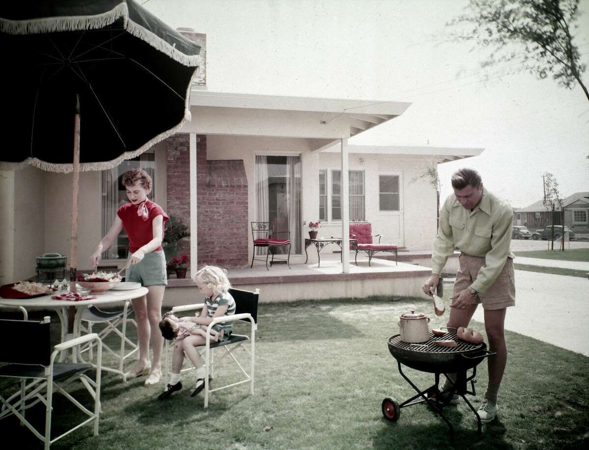 Lakewood Plaza, outdoor living space. Long Beach, Calif., 1950s.An outdoor kitchen could fit any budget, from a simple store-bought grill to a permanent stone hearth with space for tool storage and food preparation. The “Patios, Pools, and the Invention of the American Backyard” exhibit is on display at the Fairfield Museum and History Center through Dec. 30, 2021.