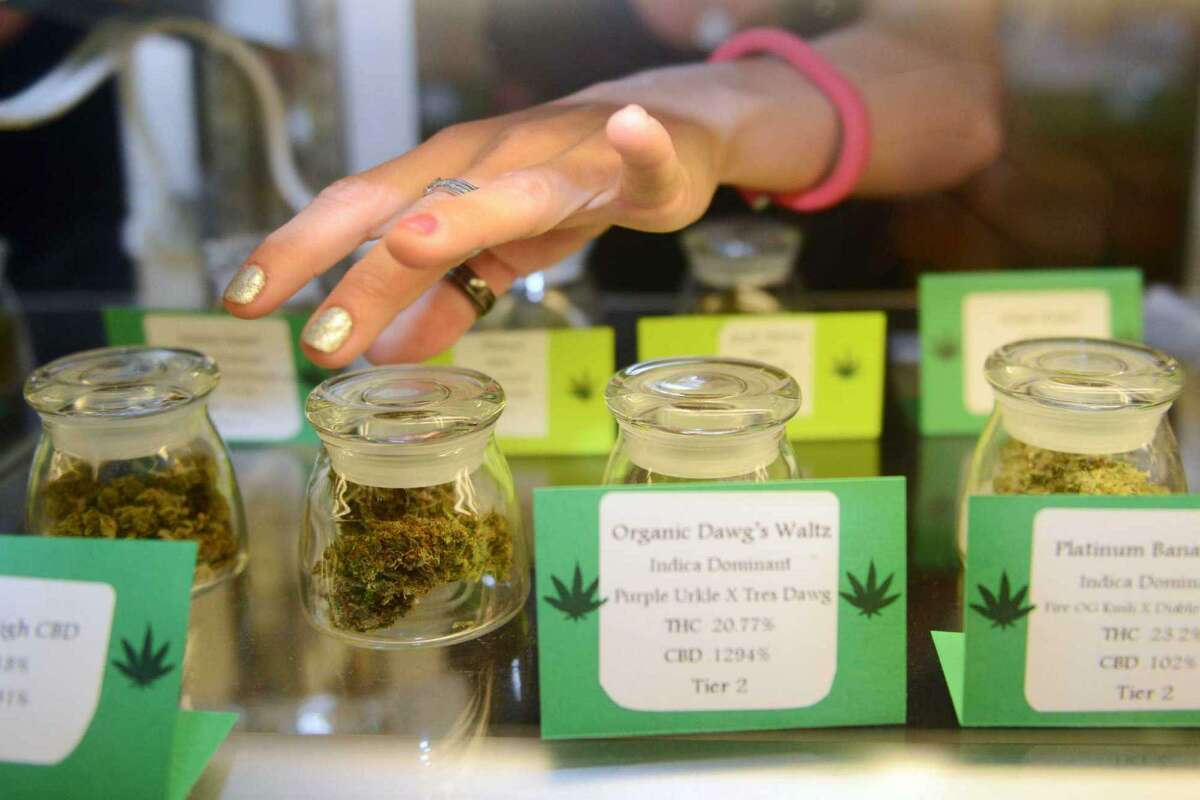 Cannabis products on display at a medical dispensary in Rhode Island.