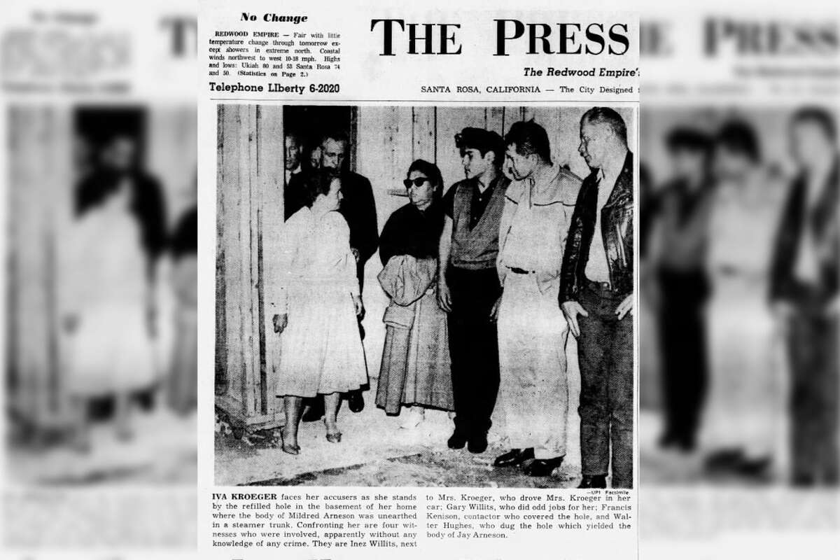 Police brought Iva Kroeger to her San Francisco home where she buried two bodies, confronting her with witnesses to the crime. This front page ran on the Press Democrat on Sept. 13, 1962.