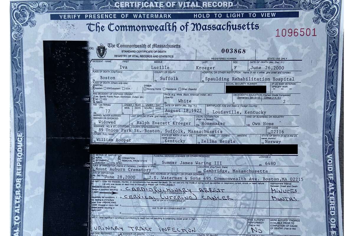 The death certificate for Iva Kroeger, issued by the city of Boston. She died of cancer in 2000.