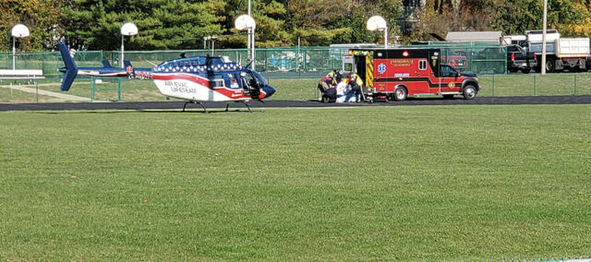 One of the two drivers involved in a head-on collision on St. Louis Street Monday was transferred from an ambulance to a helicopter. District 7 allowed the ambulance to use the Lincoln Middle School track and field to meet the helicopter. The Edwardsville Fire Department is grateful for the District 7’s cooperation.