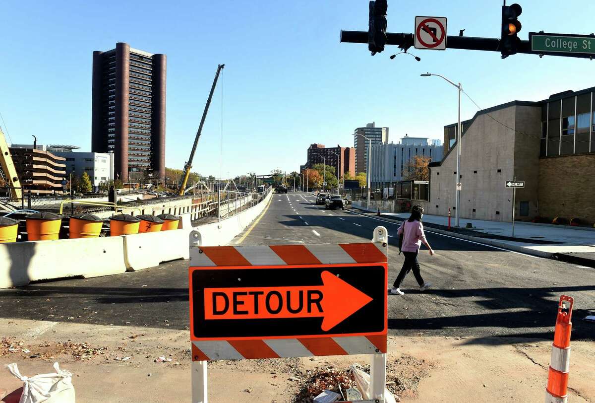 Traffic has been detoured from South Frontage Road at the intersection with College Street in New Haven while work to raise the road was being completed on Nov. 8, 2021.