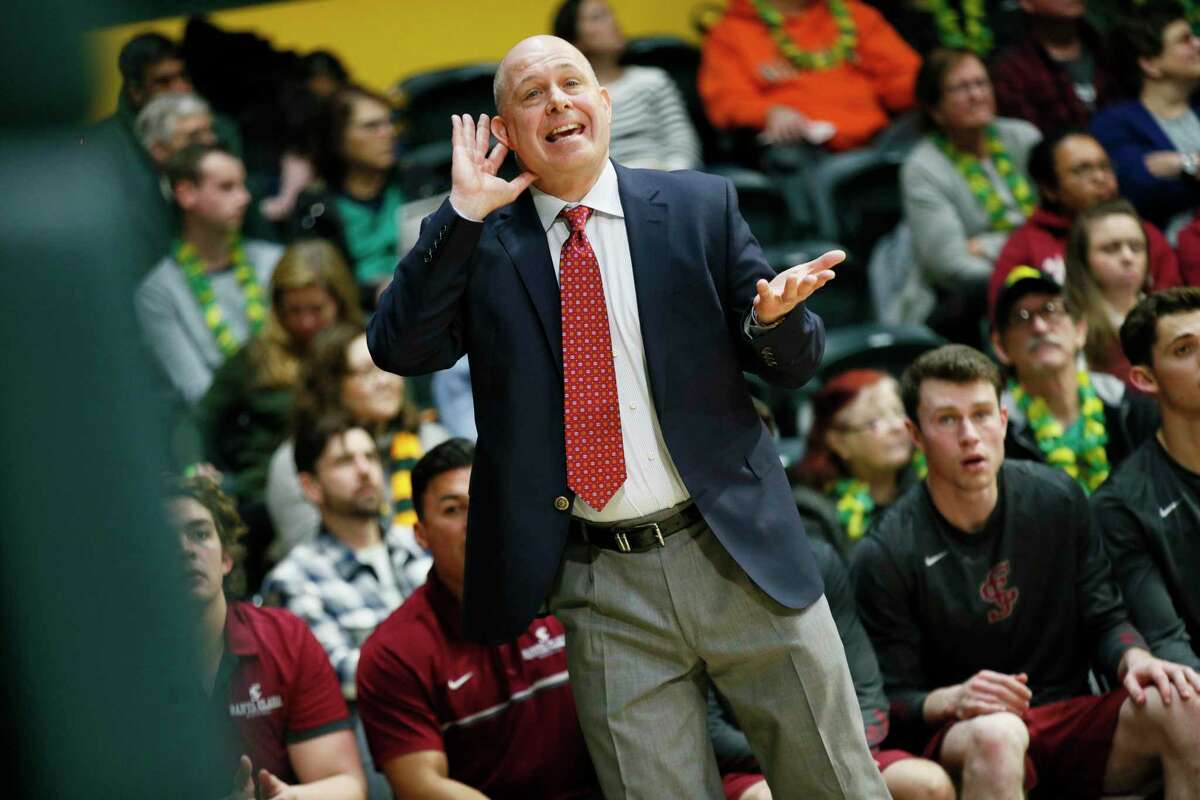 Santa Clara Broncos head coach Herb Sendek gestures to the referee in the first half of an NCAA men's basketball game against the San Francisco Dons on Saturday, Feb. 9, 2019, in San Francisco, Calif.
