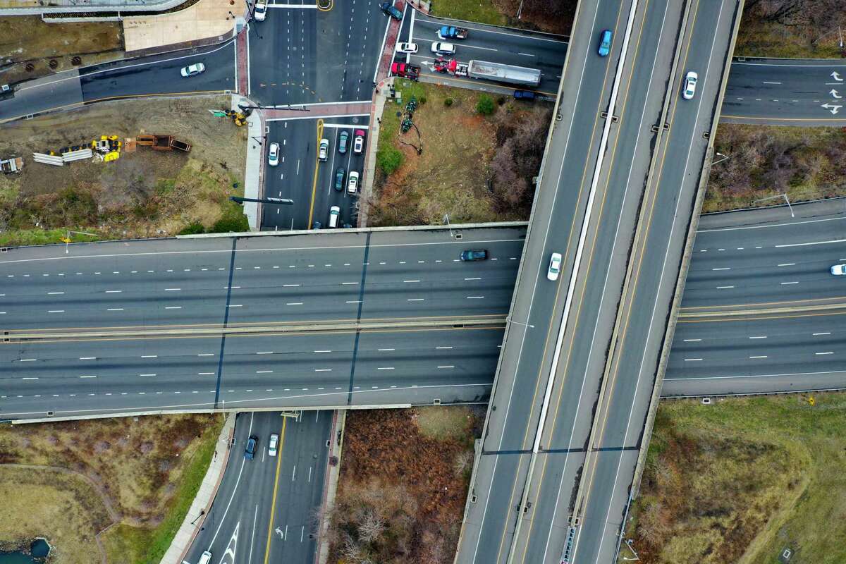 A drone view of Interstate 95 and Route 7 in Norwalk.